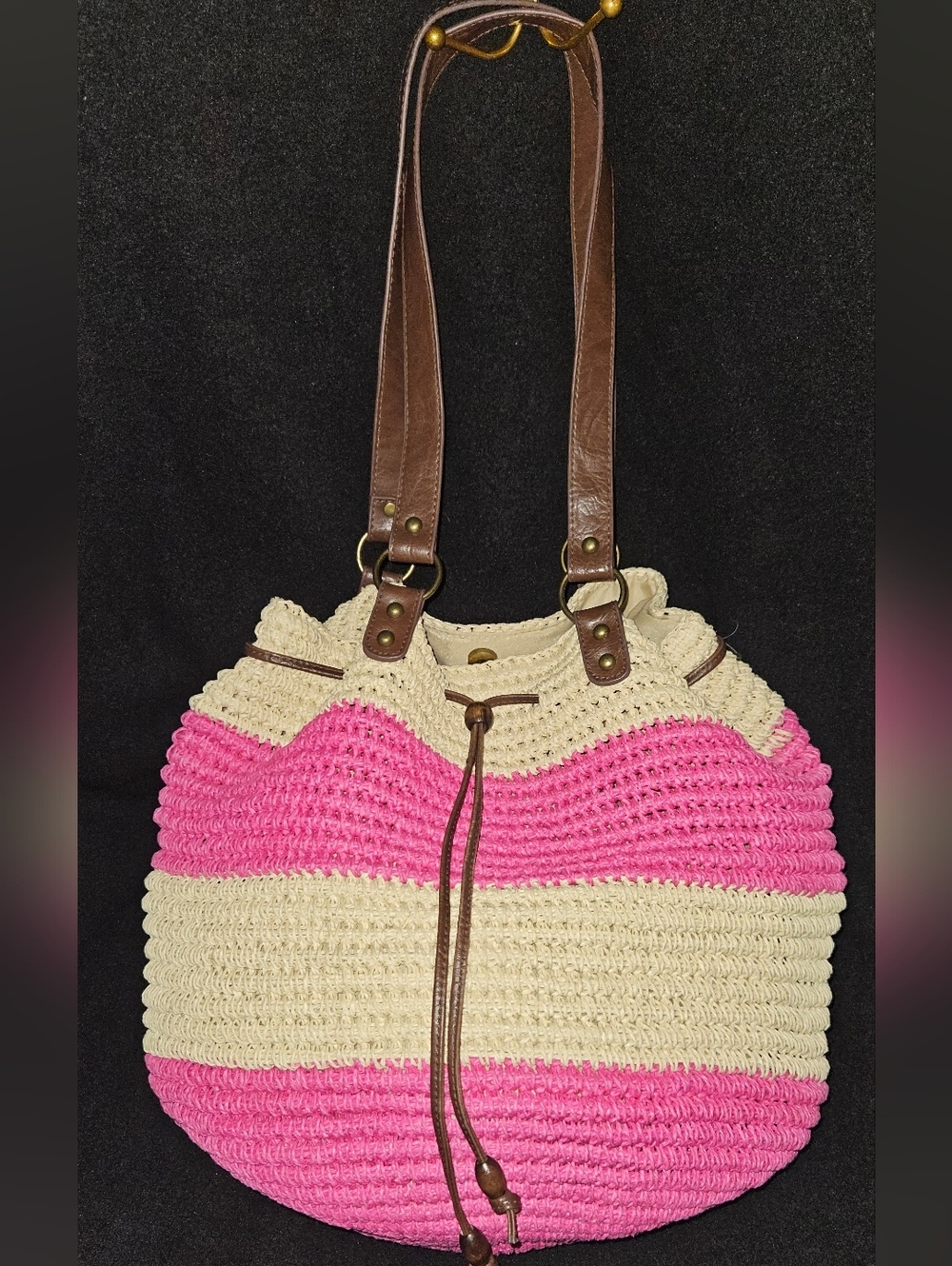 Unbranded Pink and Cream Stripe Crocheted Straw Drawstring Tote Bag